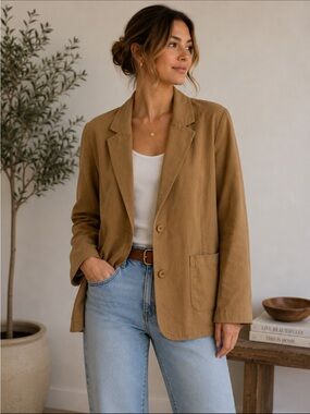 Eileen Fisher Organic Cotton Poplin Blazer Jacket in Camel